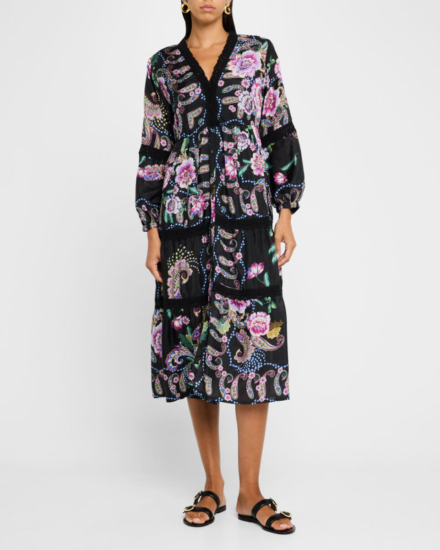 Leda Tiered Lace-Trim Floral Midi Dress